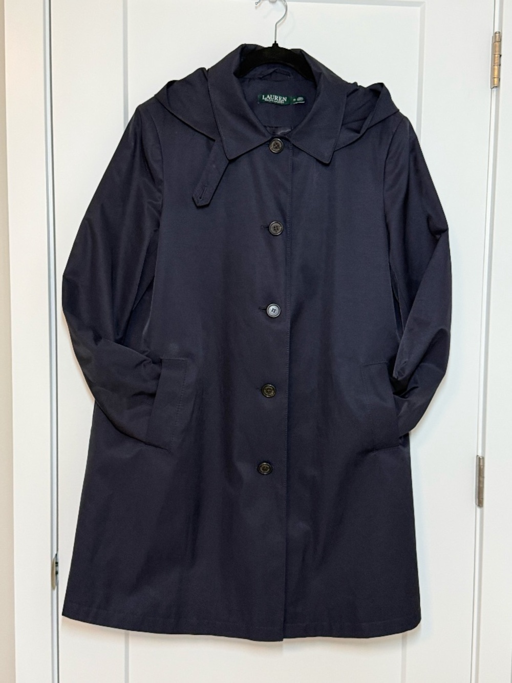 Lauren Ralph Lauren Womens XL Navy Blue Hooded Mac Trench Rain Jacket